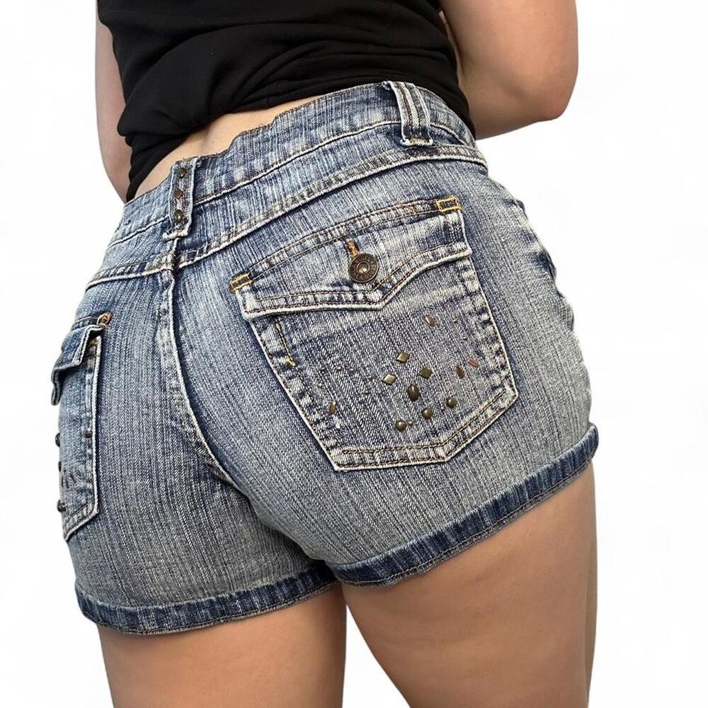 Y2K L.A. Blues Mid Rise Blue Rhinestone Denim Mini Shorts – Size 4